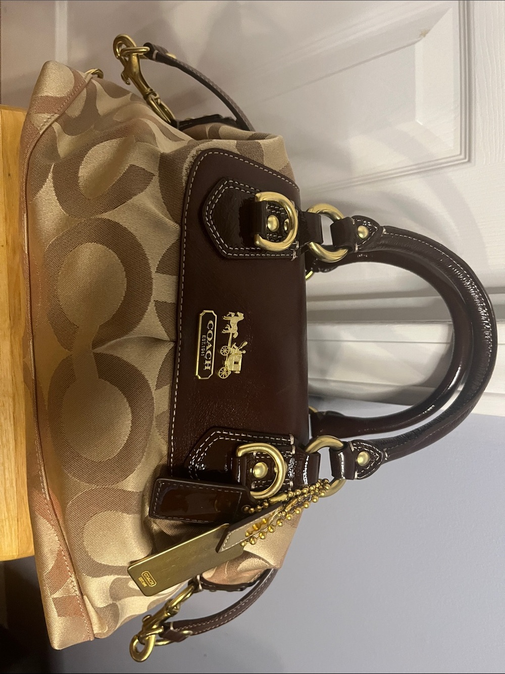 NWOT Coach Brown and Beige Signature Satchel with Gold Hardware